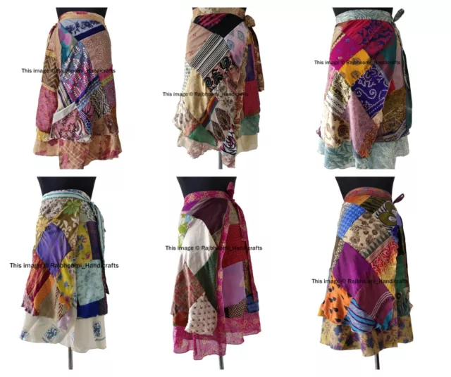 5 Piezas Vintage Seda Sari Patchwork Magia Tiras Falda Media Caña Ropa de Playa