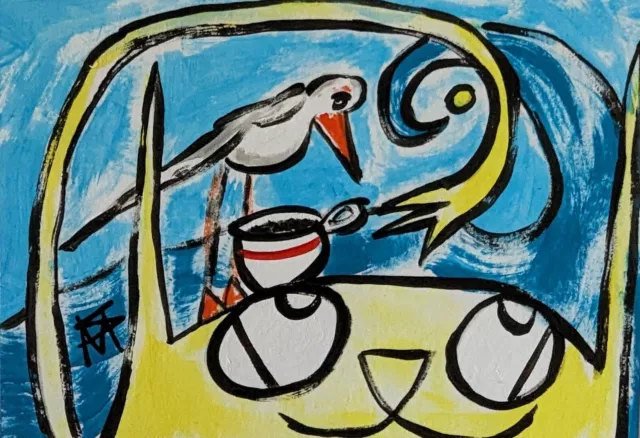 Original ACEO Painting Cat Bird Miniature Beach Seagull Art Card Samantha McLean