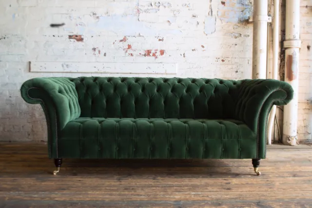 Handmade 3 Seater Bottle Green Velvet Fabric Chesterfield Sofa Style Couch 2