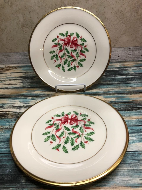 Lenox Christmas China - Holiday - Red Ribbons Holly - 2 Salad 8” Plates