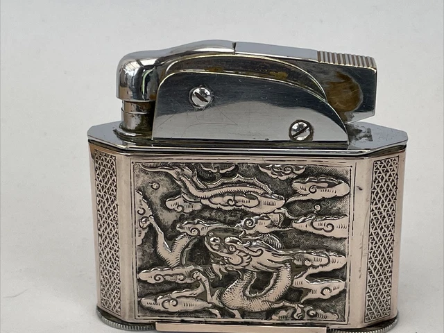 Briquet de table, MYON 401 GEANT, métal, plaque décoré en métal argenté, essence