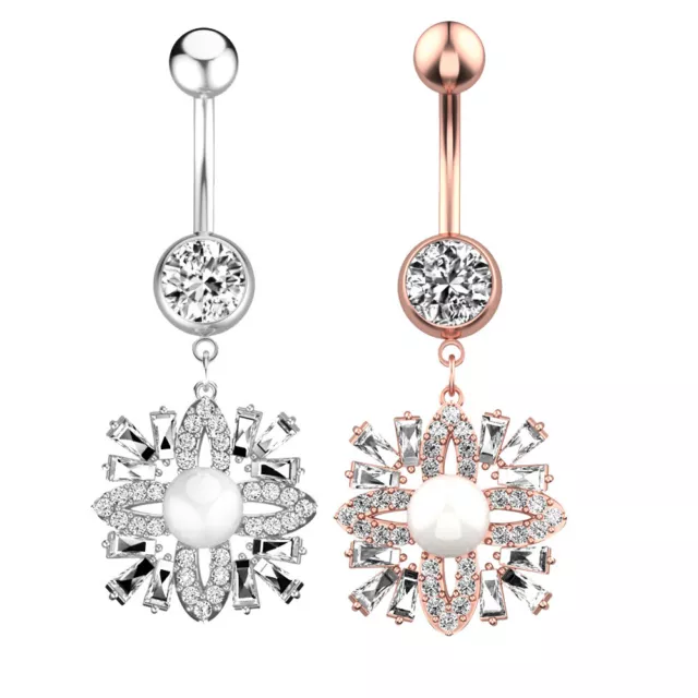 2pc Surgical Steel Zircon Barbell Belly Bar Ring Button Dangle Navel Piercing