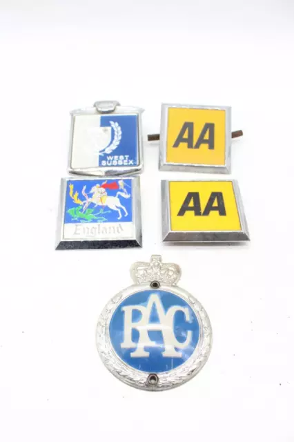 F x5 Vintage Car Badges inc Yellow Enamel AA, RAC, West Sussex, England etc