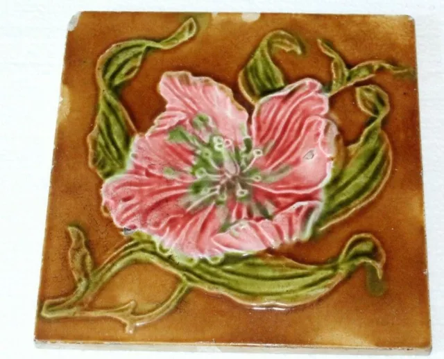 charming antique ENGLISH raised majolica pink flower DESIGN vintage tile