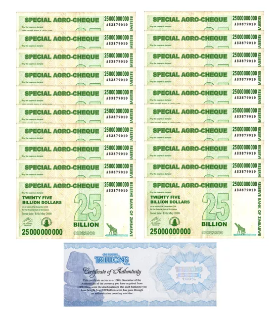 20 Zimbabwe 25 Billion Special Agro Cheque banknote 2008, P-62 USED COA