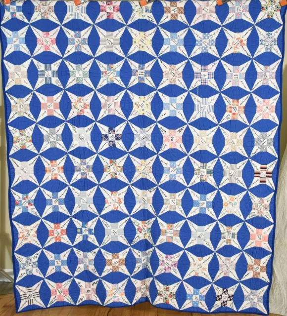 Vintage Blue Improved Nine Patch Antique Quilt, Signed & Dated "1947"!