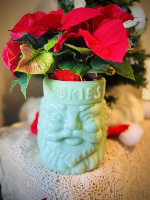 VINTAGE CRACKER BARREL Jade Green Glass Santa Cookie Jar Jadeite Jadite