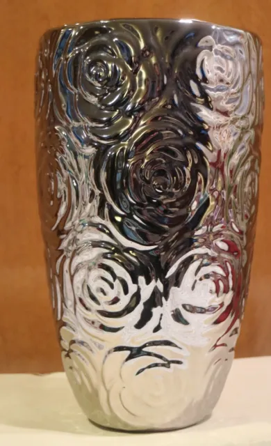 Silver Tone "Roses" Motif Flower Vase 8" tall