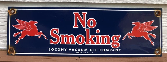 Vintage "No Smoking" Pegasus Mobil Socony-Vacuum Oil Co. Porcelain 16” Sign