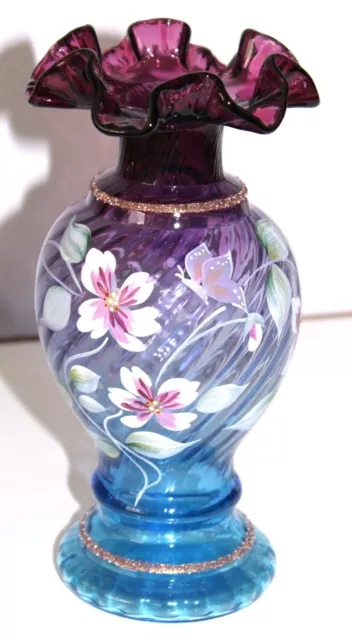 50th Anniversary Fenton Art Glass Vase Mulberry Pink Blue Swirl Gold Gilt 8.5 in 3