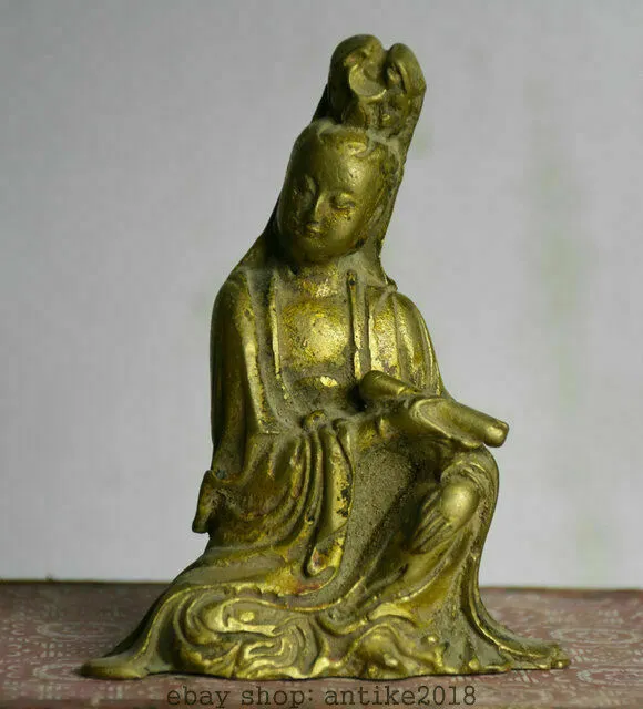 4.4" Old Chinese Brass Copper Seat Kwan-yin Guan Yin Boddhisattva Goddess Statue