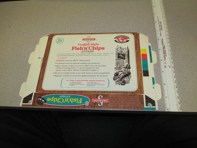SWANSON 1971 TV dinner English style FISH N CHIPS frozen food box french fries 2