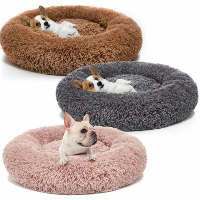 Soft Round Plush Donut Pet Dog Cat Bed Fur Cuddler Warm Puppy Calming Bed Kennel