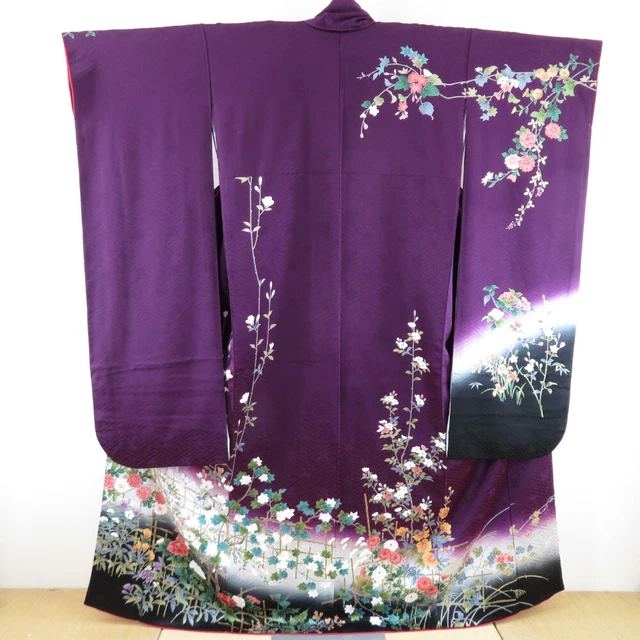 Furisode Kimono Silk Floral Purple 65.4inch Women's