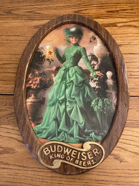 Vintage 20” x 13” Budweiser Bar Sign, Lady In Green Dress Kitsch Weird Man Cave
