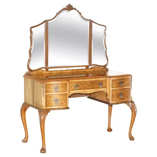 Sublime Maple & Co Burr Walnut Hand Carved Dressing Table  Part Of Suite