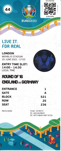 Ticket EM 29 June 2021 Euro 2020 England - Germany DFB Wembley MINT TOP!!!