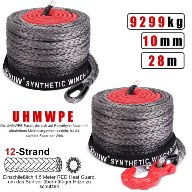 9299kg Kunststoffseil Windenseil Seilwinde Forstseil mit Haken ATV UTV 10mm 28m