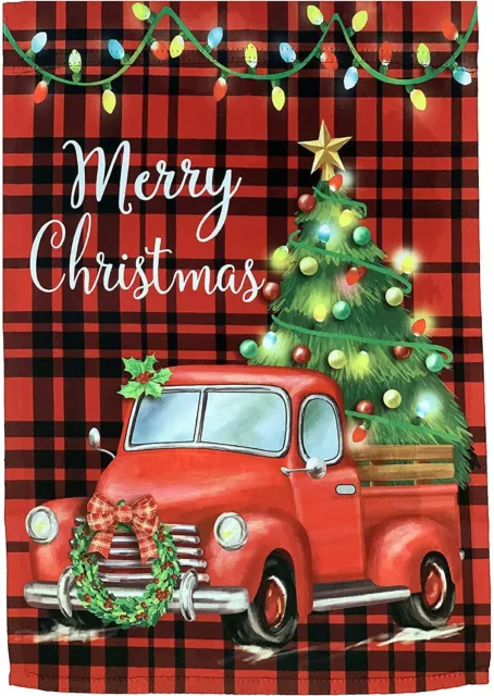 Tartan Truck Merry Christmas Garden Flag - 12" x 18", Double Sided, Red Black