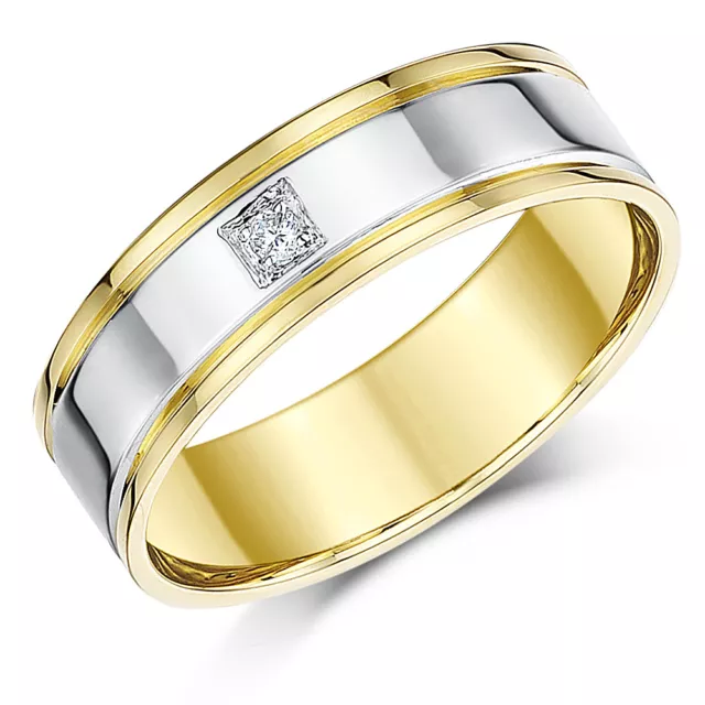 9ct Two Colour Gold Ring Court Shape Diamond Wedding 6mm Band