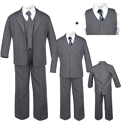 6pc Baby Toddler Boy Dark Gray Formal Wedding Party Tuxedo Suit Checker Tie S-20