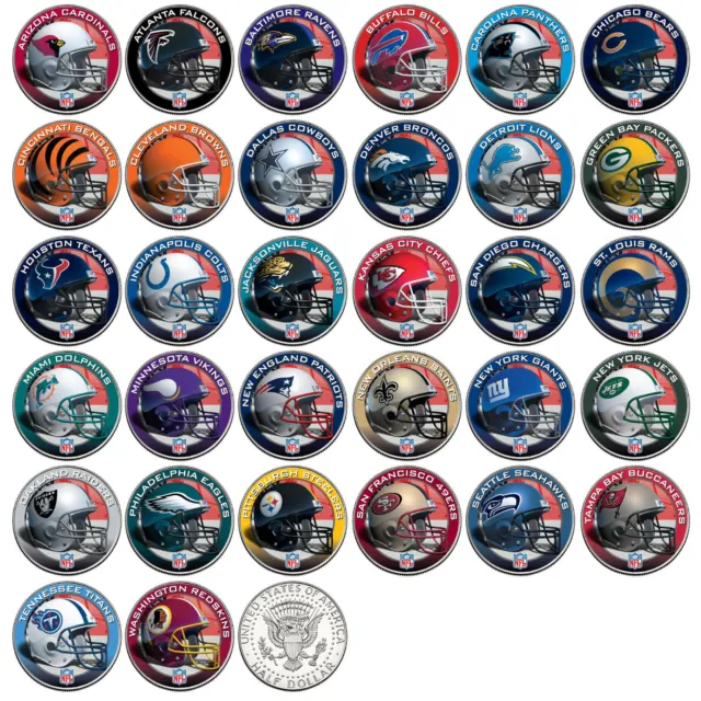 NFL HELMET LOGOS JFK Half Dollar US Football Coins OFFICIALLY LICENSED 32 TEAMS