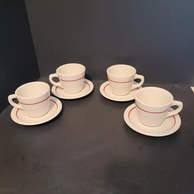 Set 4 SYRACUSE China Econo Rim Restaurant Ware Red Cardinal Line Cups & Saucers