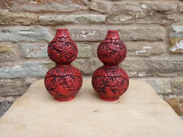 Pair Of Vintage Chinese Cinnabar Style Double Gourd Vases