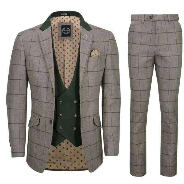 Herren Retro 3 Stück Tweed Herringbone beige grün kariert intelligent maßgeschneiderte Passform Anzug