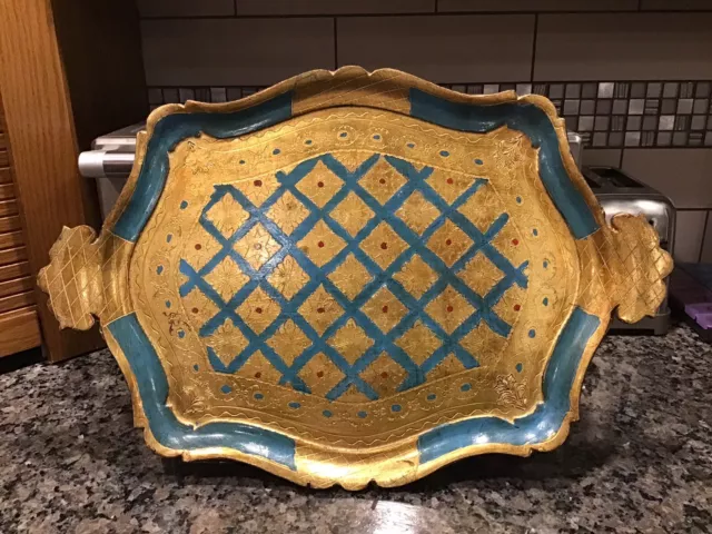 Vintage Florentine Hand Painted Carved Wood Vanity Tray Turquoise Gold 22" Italy