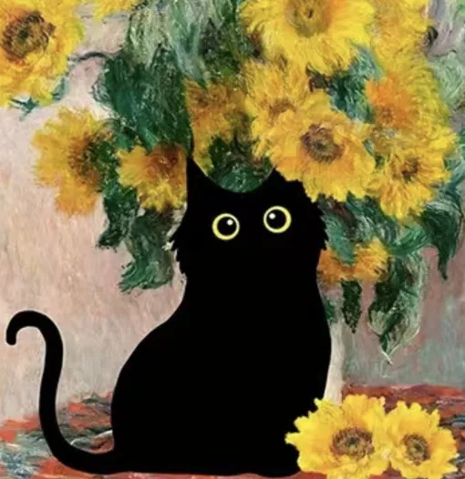 🐈‍⬛Monet Sunflower painting canvas wall Art. Funny black Cat. Must L@@k❤️