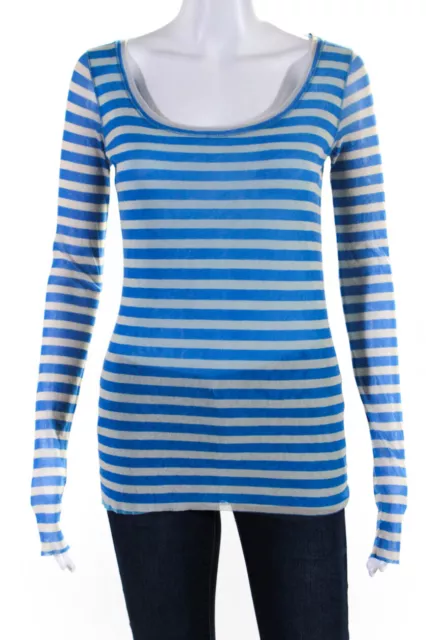 Fuzzi Womens Long Sleeve Striped Scoop Neck Mesh Top Tee Shirt Blue Size Large