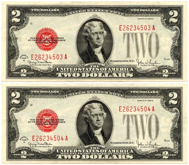 1928G $2 Red Seal Legal Tender Note Fr #1508 2pc Consecutive Set - Looks CU