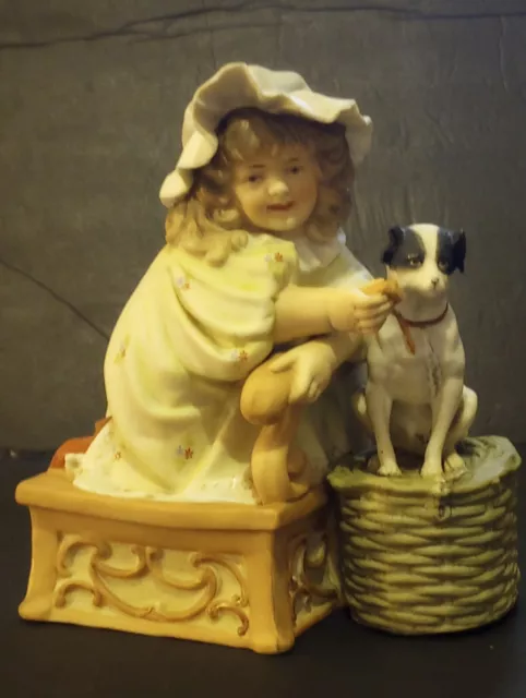 German Bisque Figurine Gebruder Heubach? Little Girl Feeding Dog c. 1910 H 7.5"
