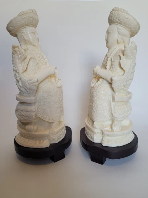 Vintage Hand Carved Resin Chinese Emperor & Empress Figurines Statue Wood Base 3