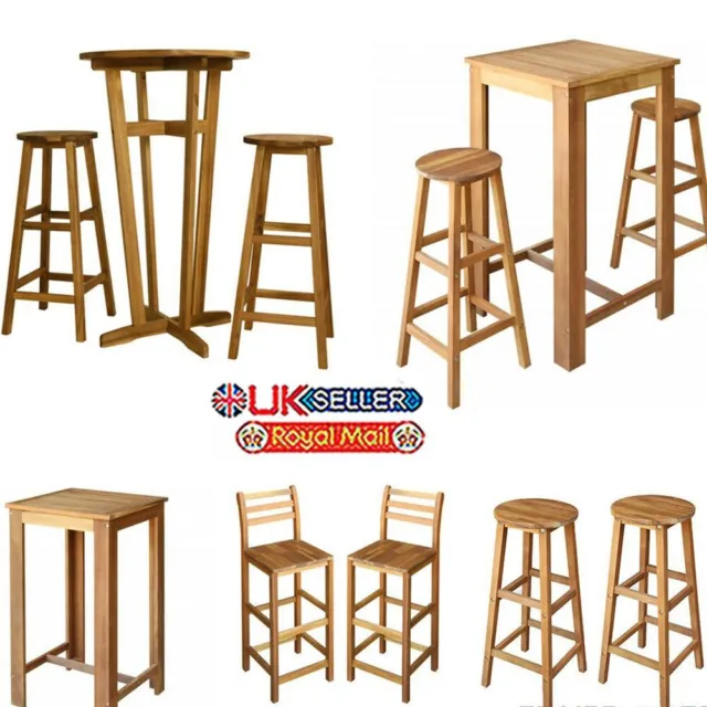 High Breakfast Bar Stools Set Table&2 Solid acacia Wood Kitchen Dining Chair UK