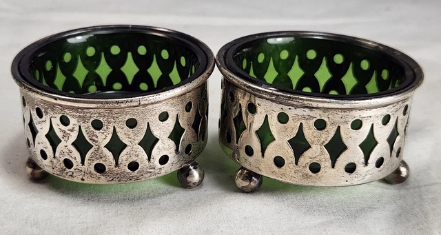 2 Sterling Silver Salt Cellars Dips Green Glass Inserts w/ Ball Feet  1.75"