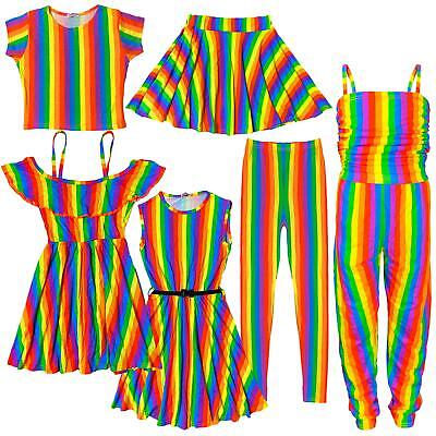 Bambine Rainbow Crop Top T Shirt Legging Off Shoulder Skater Dress 5-13 anni