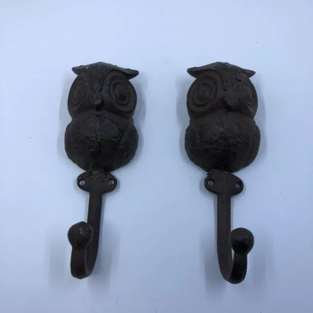 Wise Owl Cast Iron Brown Wall Hooks Pair Heavy