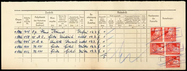 SBZ / DDR Überweisungskarte für 5 Pakete, Mi-Nr. 222 c MeF, FA Dr. Ruscher BPP