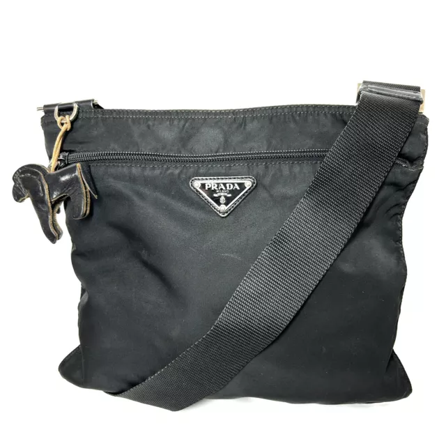 PRADA Tessuto Nylon Shoulder Bag Black with Horse Keychain Authentic From Japan