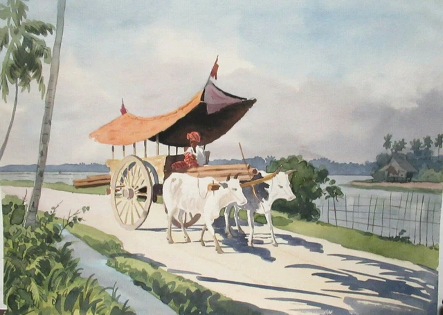 Mndr Old Vietnam Mules Wagon Watercolor Landscape Painting