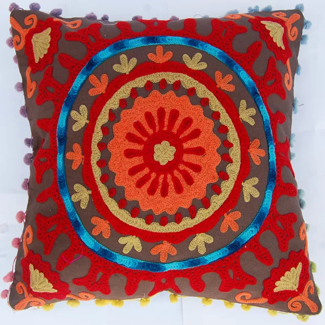 Pom Pom Uzbek Indian Embroidered Suzani Cushion Covers Handmade Pillow Cases