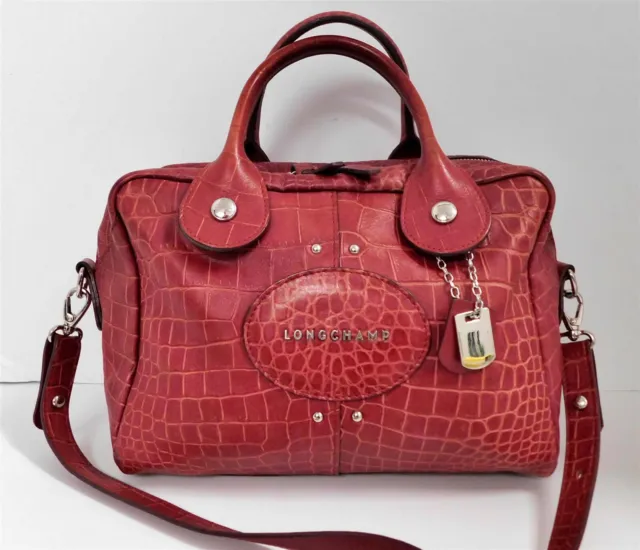 Longchamp Quadri Raspberry Croc Leather Satchel Crossbody Bag