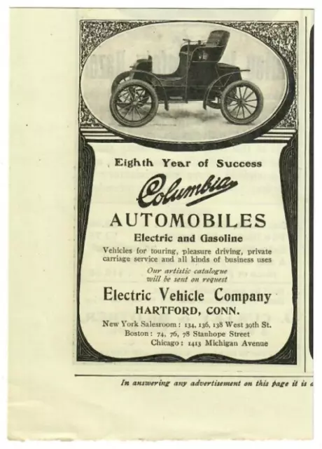 1903 Columbia Automobiles Antique Print Ad Electric Vehicle Company Hartford