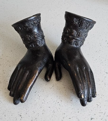 1850's Antique Pair Of Tibetan  Bronze R&L Hand Statues, Gesture of Abhaya Mudra