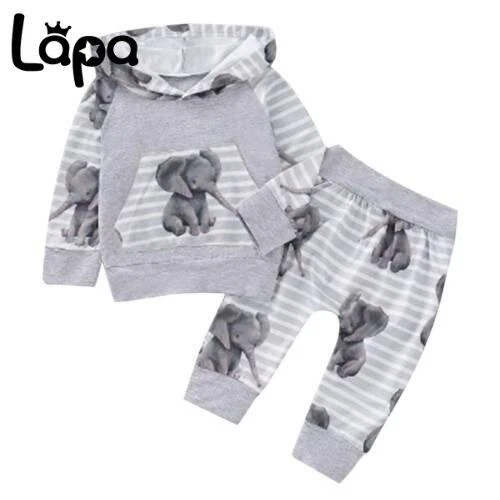 UK Newborn Baby Boy Girl Tracksuit Elephant Hooded Top Pants Clothes Outfits Set