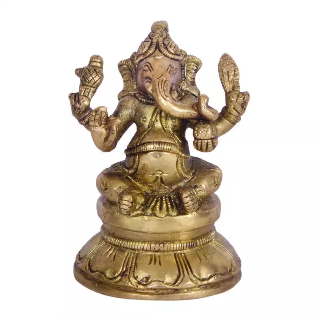 Laiton Lord Ganesha Statue Hindou Dieu Ganesh Ganpati Assis Idol Sculpture 7.6cm