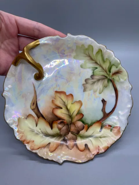 Hand Painted Porcelain Plate Nappy Trinket Candy Dish France Oak Leaf  Signed
