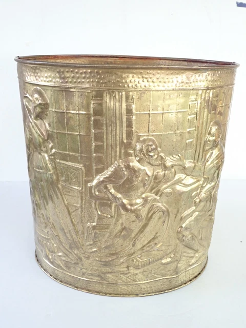 Vintage Mid Century Brass Embossed Oval Trash Can 11in Victorian Looking